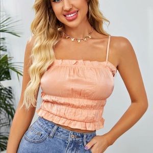 Frill Trim Ruched Bust Satin Cami Top
